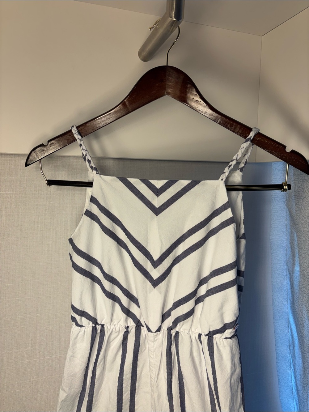 Tahari Girl Size 12 White Blue Striped Wide Leg Jumpsuit Braided Straps Summer